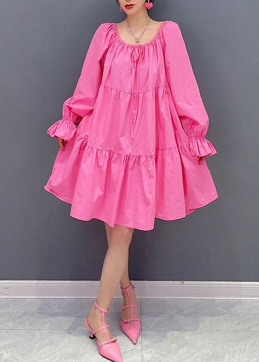 Stylish Pink O Neck Cinched Patchwork Cotton Dress Lantern Sleeve