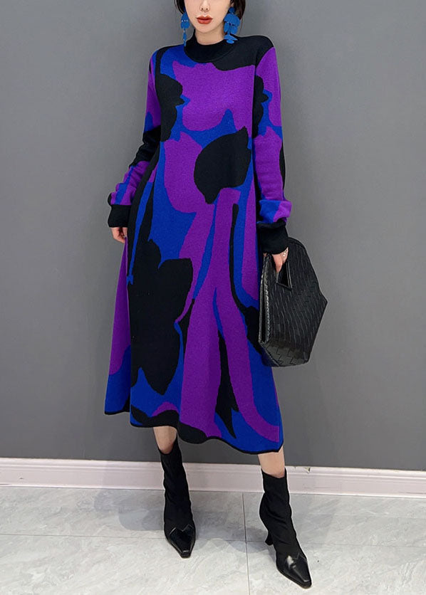 Stylish Purple Hign Neck Print Thick Knit Sweater Dress Winter