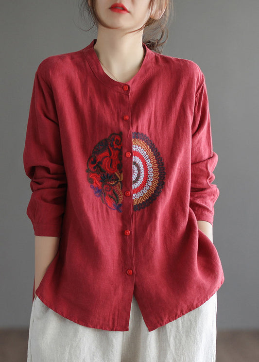 Stylish Red O-Neck Button Linen Blouses top Long Sleeve