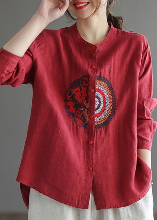 Stylish Red O-Neck Button Linen Blouses top Long Sleeve