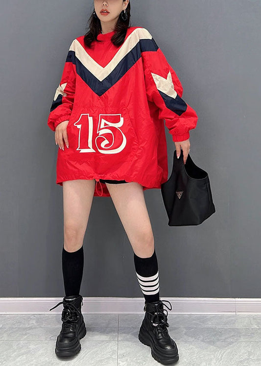 Stylish Red Oversized Pockets Drawstring Print Sweatshirts Top Fall