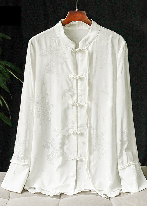 Stylish White Mandarin Collar Button Silk Shirt Long Sleeve