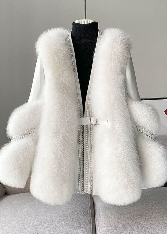 Élégant blanc V Neck Patchwork Mink Hair Coats Winter