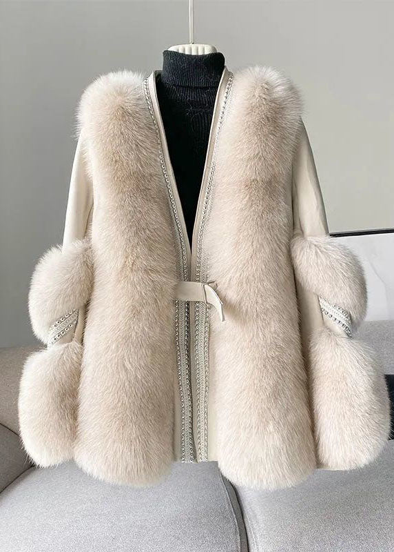 Élégant blanc V Neck Patchwork Mink Hair Coats Winter