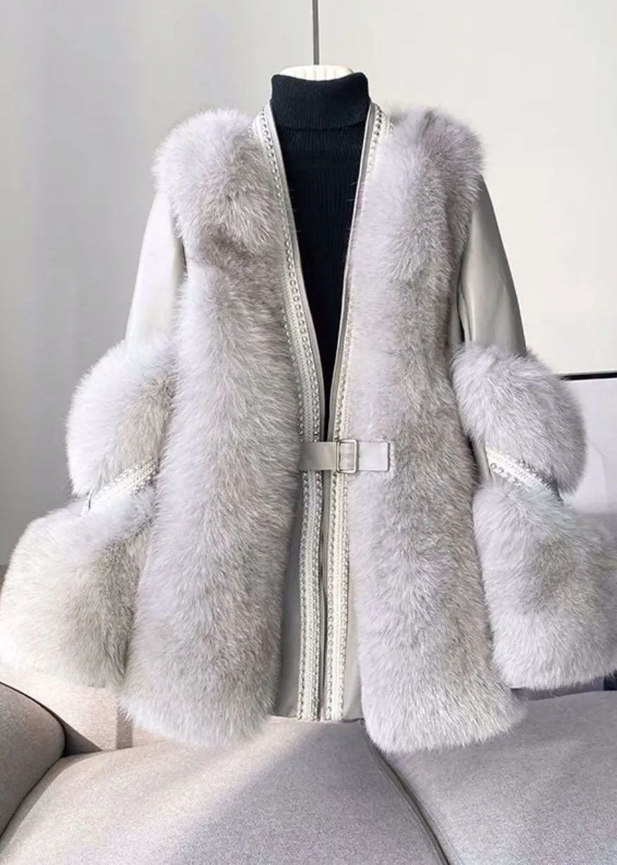 Élégant blanc V Neck Patchwork Mink Hair Coats Winter