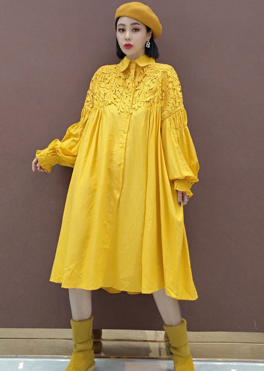 Stylish Yellow Puff Sleeve Peter Pan Collar lace Patchwork shirt Dress Spring