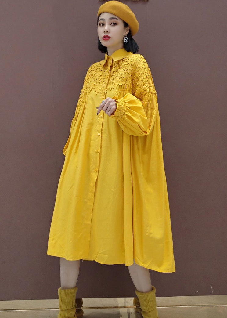 Stylish Yellow Puff Sleeve Peter Pan Collar lace Patchwork shirt Dress Spring