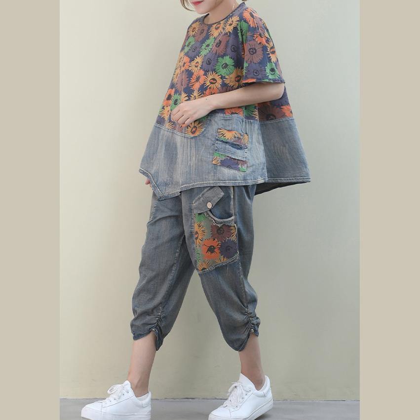 Summer 2021 new loose large size fan printed washed denim suit - SooLinen