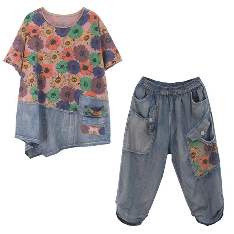 Summer 2021 new loose large size fan printed washed denim suit - SooLinen