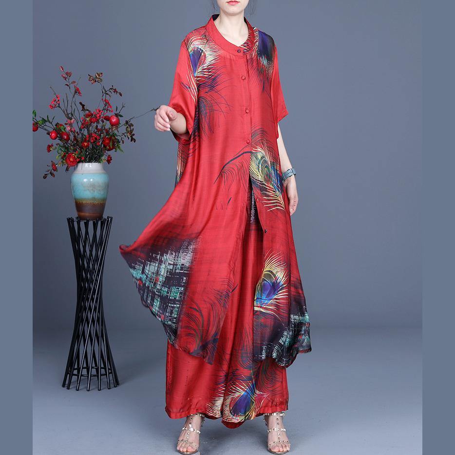 Summer 2021 Loose Silk Red Print Coat + Two Piece Pants - SooLinen