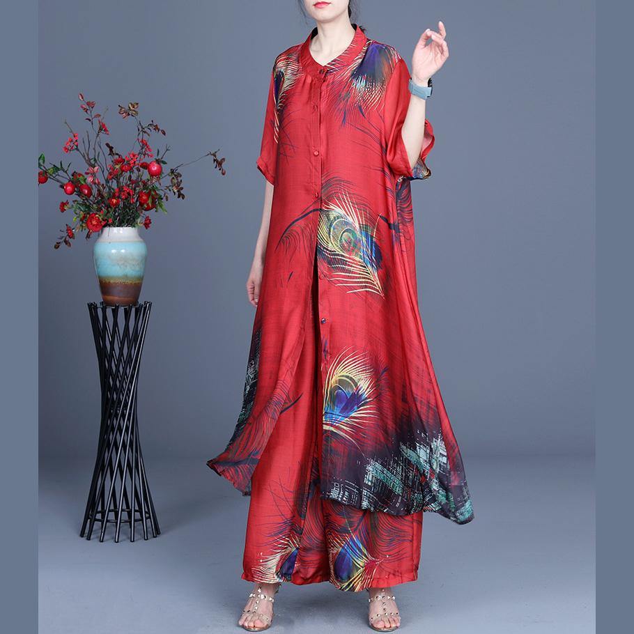 Summer 2021 Loose Silk Red Print Coat + Two Piece Pants - SooLinen