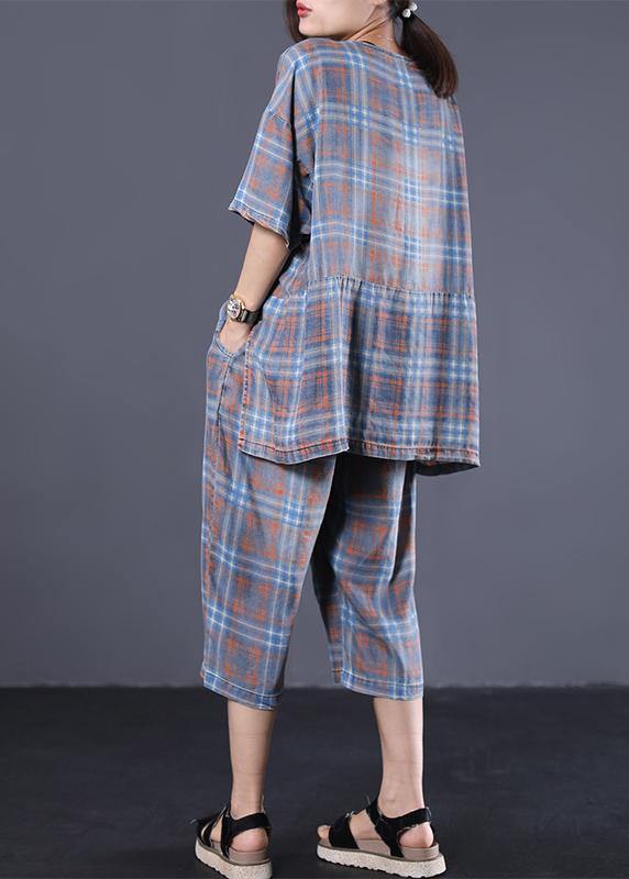 Summer retro plaid casual shirt denim two pieces - SooLinen