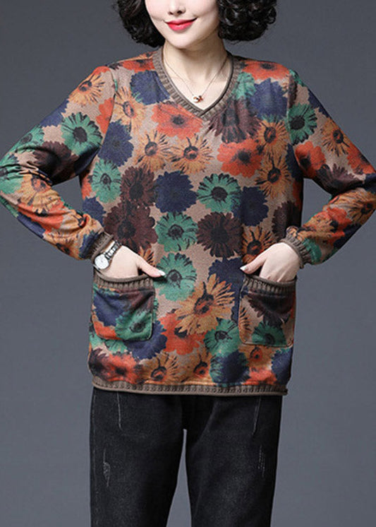 2024 Baggy V Neck Print Pockets Knit Tops Long sleeve