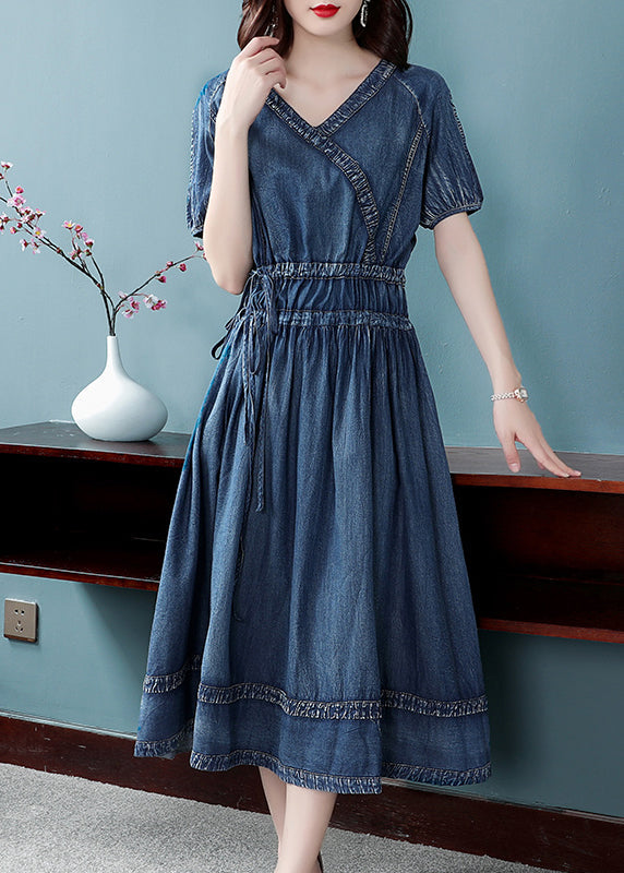 2022 Blue Cinched V Colon Coton Denim Robe Couchée courte