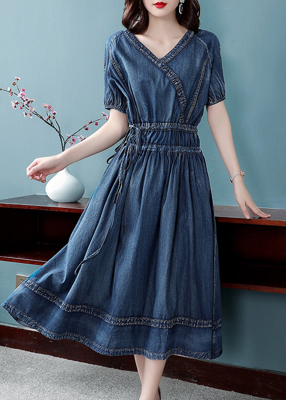 2022 Blue Cinched V Colon Coton Denim Robe Couchée courte