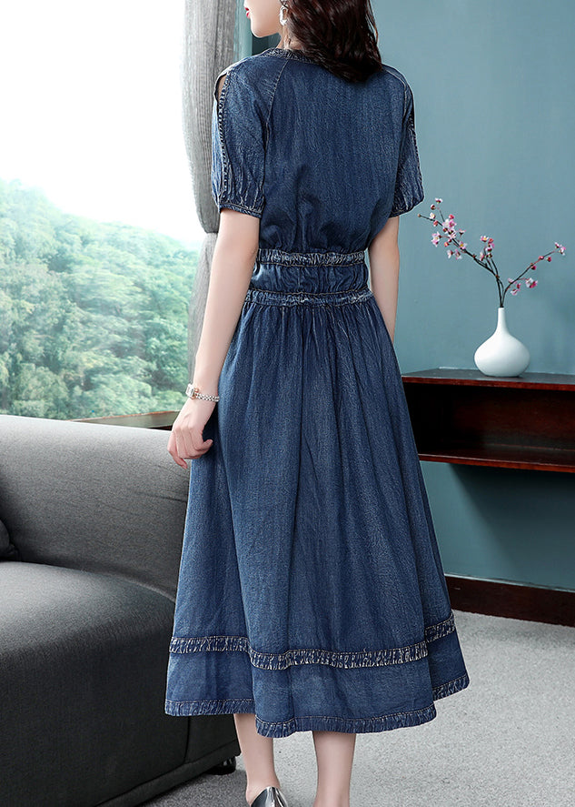 2022 Blue Cinched V Colon Coton Denim Robe Couchée courte