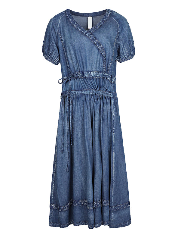 2022 Blue Cinched V Colon Coton Denim Robe Couchée courte