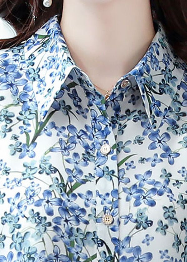 2022 Blue Peter Pan Collar Print Mariffon Long Blouse Half Half Sleeve