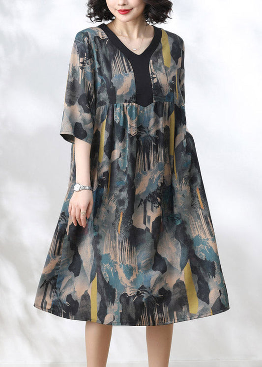 2024 Blue V Neck Print Wrinkled Dress Half Sleeve