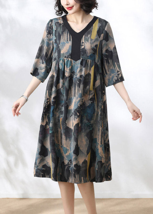 2024 Blue V Neck Print Wrinkled Dress Half Sleeve