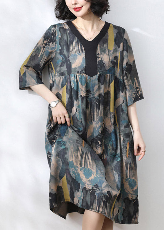 2024 Blue V Neck Print Wrinkled Dress Half Sleeve