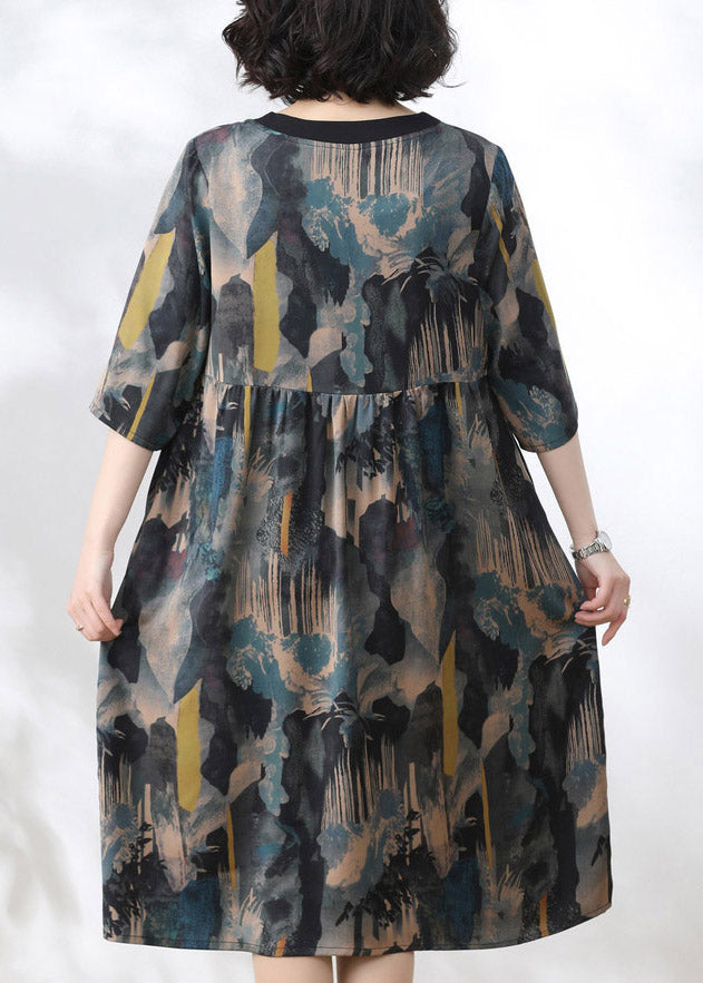 2024 Blue V Neck Print Wrinkled Dress Half Sleeve