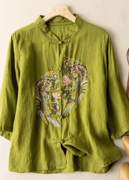 2022 Green Broideried Linen Shirt Half Half Mancheve