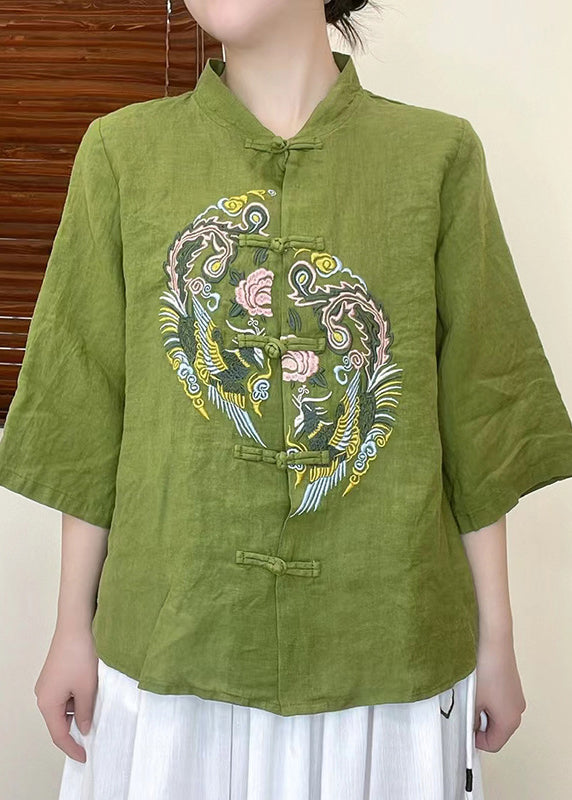 2022 Green Broideried Linen Shirt Half Half Mancheve