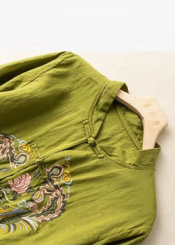 2022 Green Broideried Linen Shirt Half Half Mancheve