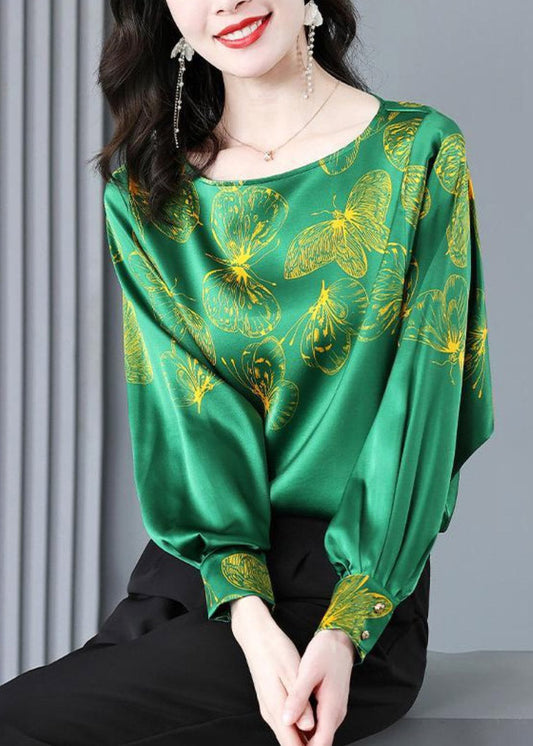 2024 Green O-Neck Butterfly Print Silk Tops Long sleeve