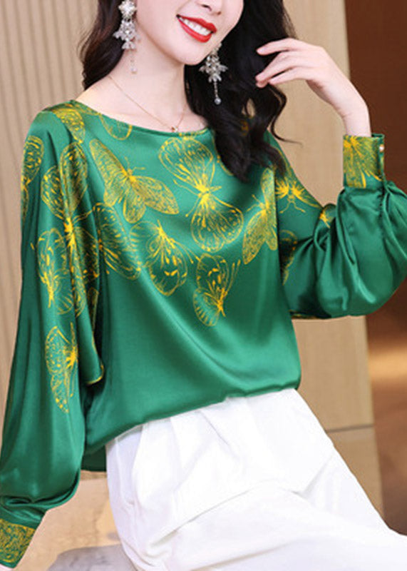 2024 Green O-Neck Butterfly Print Silk Tops Long sleeve