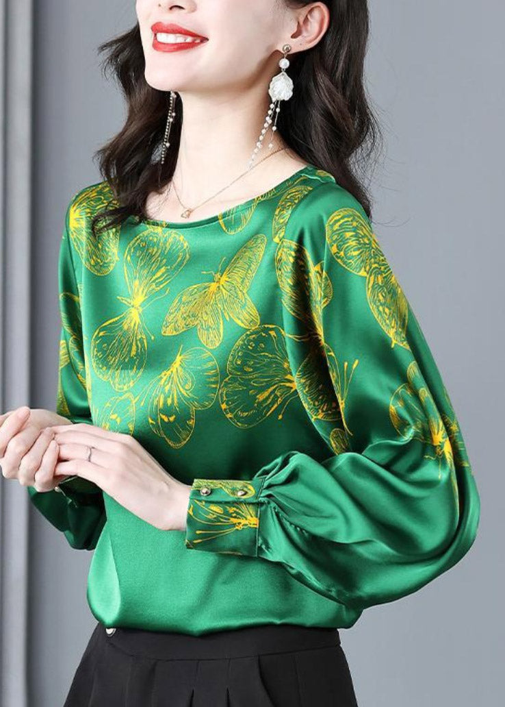 2024 Green O-Neck Butterfly Print Silk Tops Long sleeve