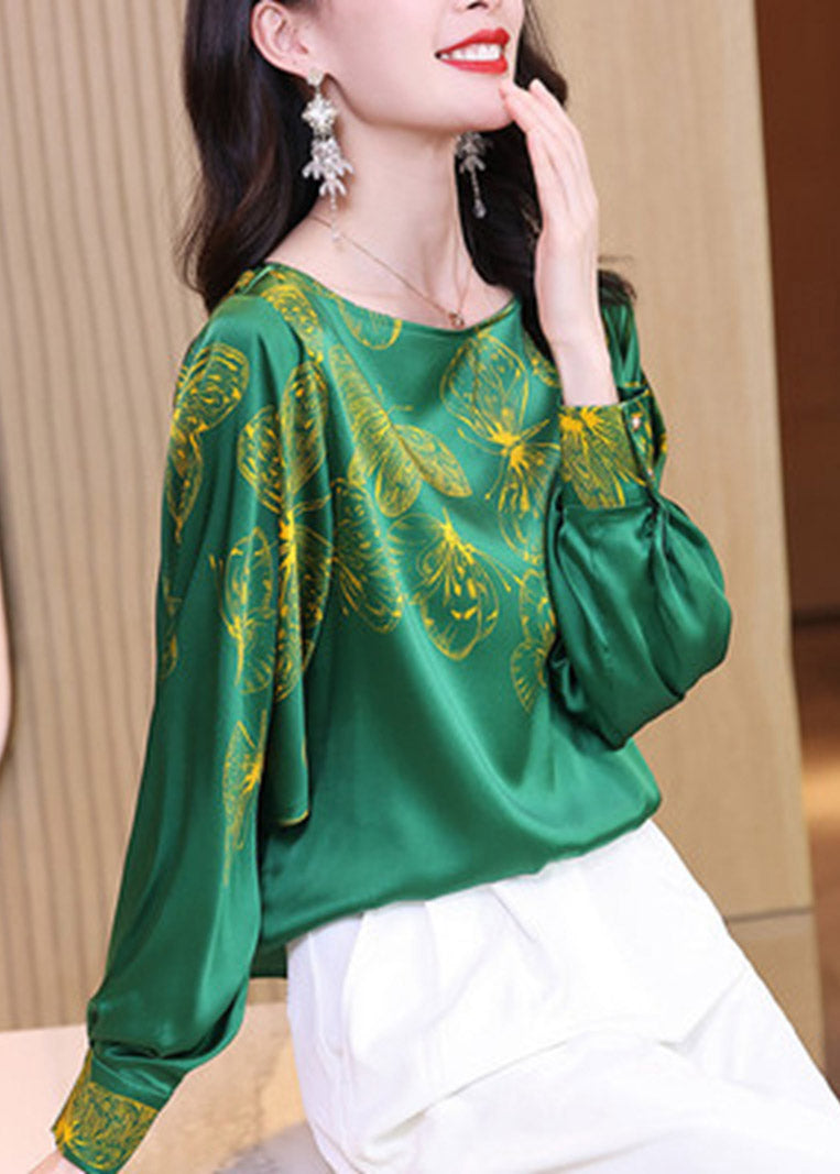 2024 Green O-Neck Butterfly Print Silk Tops Long sleeve