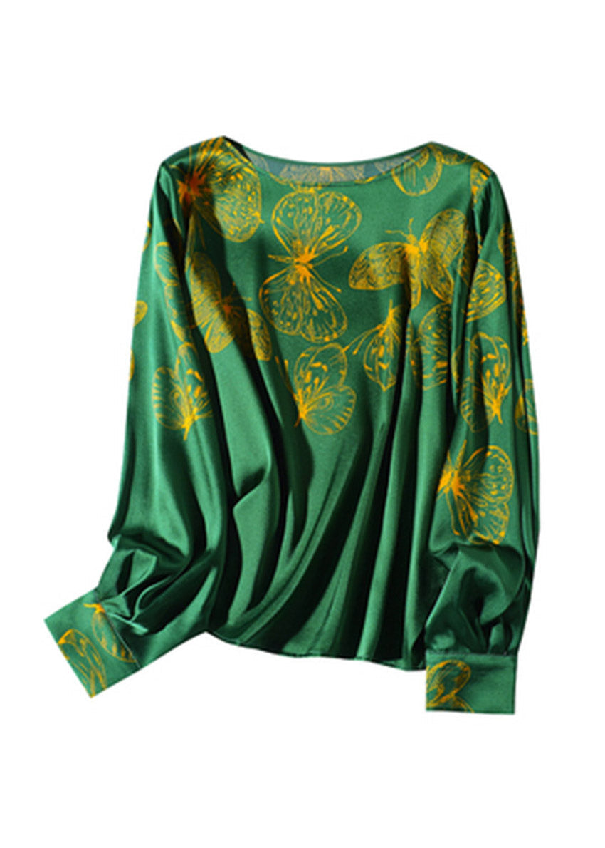 2024 Green O-Neck Butterfly Print Silk Tops Long sleeve