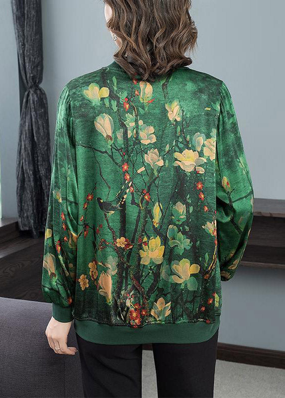 2022 Green O-Leck Imprimer Zip Up Silk Coats à manches longues