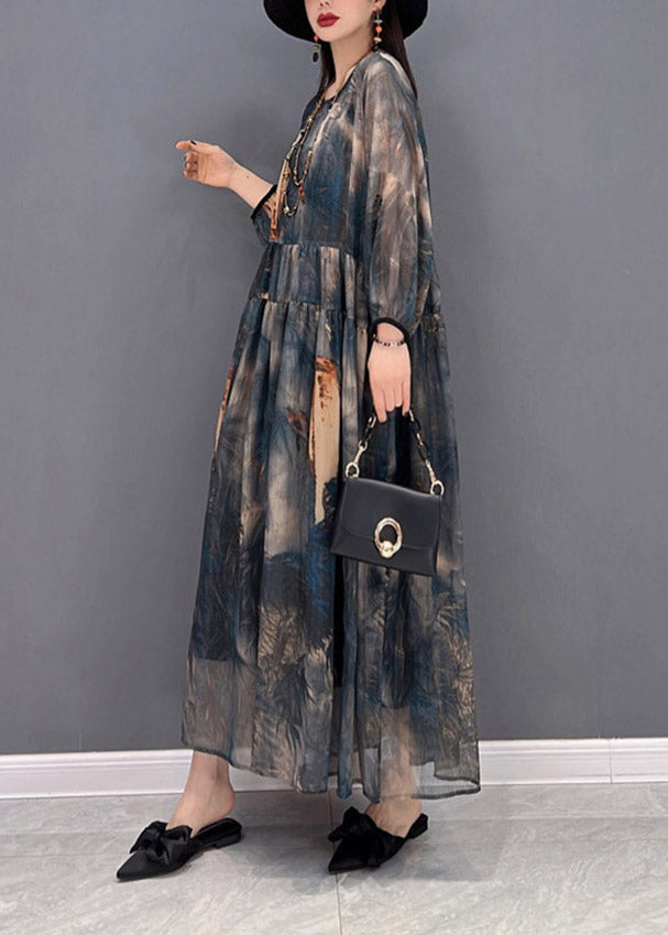 2024 O-Neck Print Tulle Patchwork Wrinkled Chiffon Dresses Long Sleeve