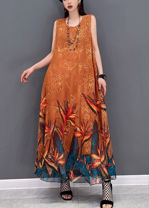 2024 Orange O-Neck Chiffon Long Beach Dresses Sleeveless