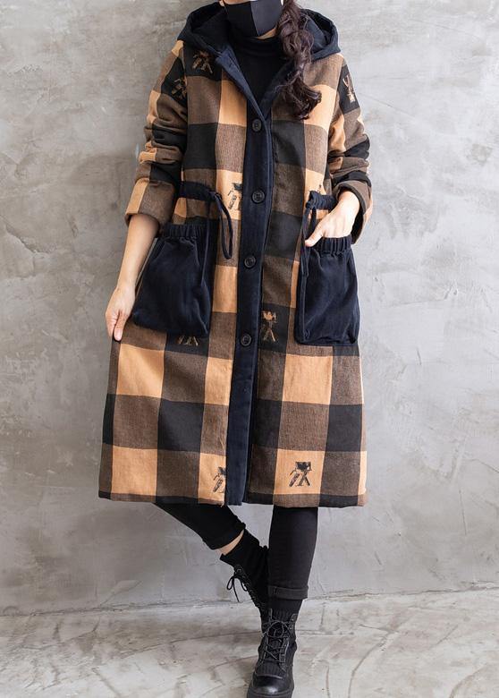 Top Quality Oversize Coats Yellow Plaid Hooded Drawstring parkas Coats - SooLinen