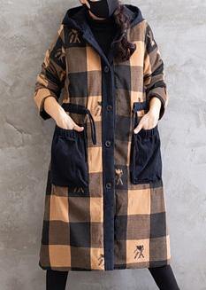 Top Quality Oversize Coats Yellow Plaid Hooded Drawstring parkas Coats - SooLinen