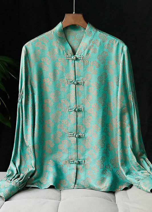 2022 PEACOCK VERT MANDARIN Collier Bouton Jacquard Tops Long