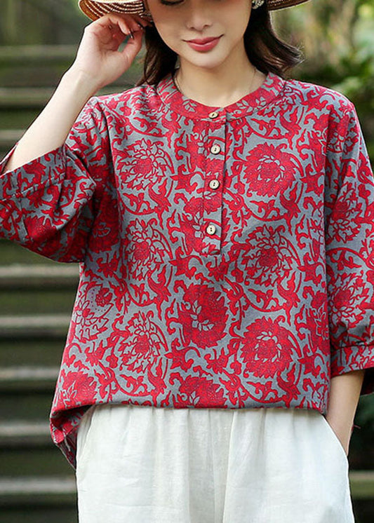 2022 Rouge O-Neck Jacquard Linn Blouse Blouse Tops Bracelet Sleeve