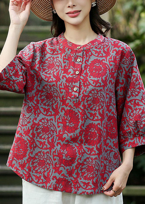 2022 Rouge O-Neck Jacquard Linn Blouse Blouse Tops Bracelet Sleeve