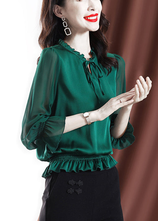 2024 Solid Green Ruffled elastic waist Chiffon Top Long Sleeve