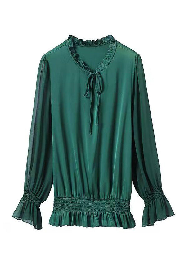 2024 Solid Green Ruffled elastic waist Chiffon Top Long Sleeve