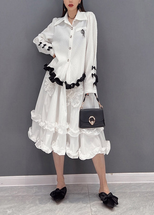 2022 White Broideried Ruffled Tulle Patchwork Murffon Robe Two Pieces Set Printemps