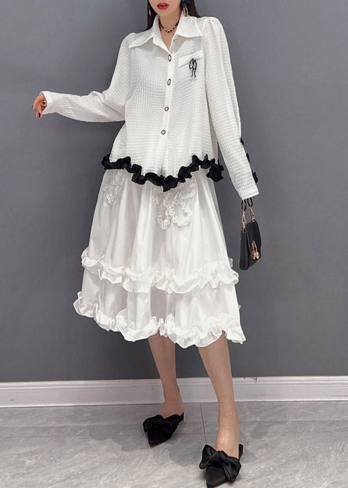 2022 White Broideried Ruffled Tulle Patchwork Murffon Robe Two Pieces Set Printemps