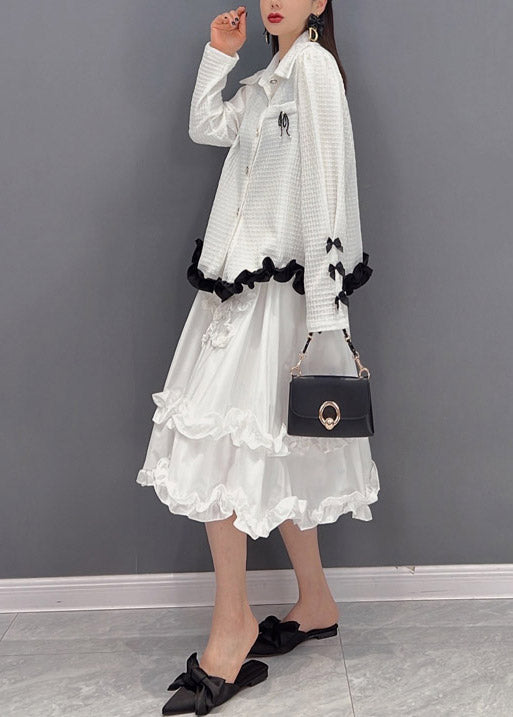 2022 White Broideried Ruffled Tulle Patchwork Murffon Robe Two Pieces Set Printemps