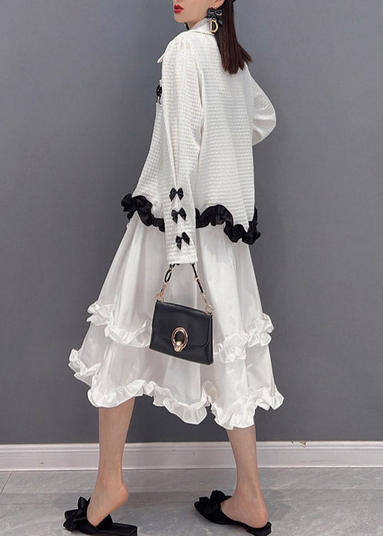 2022 White Broideried Ruffled Tulle Patchwork Murffon Robe Two Pieces Set Printemps