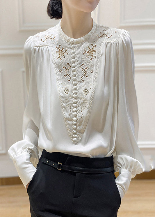 2022 White O-Neck Embroideried Floral Silk Shirt Long Sleeve