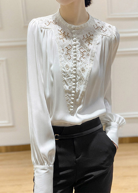 2022 White O-Neck Embroideried Floral Silk Shirt Long Sleeve